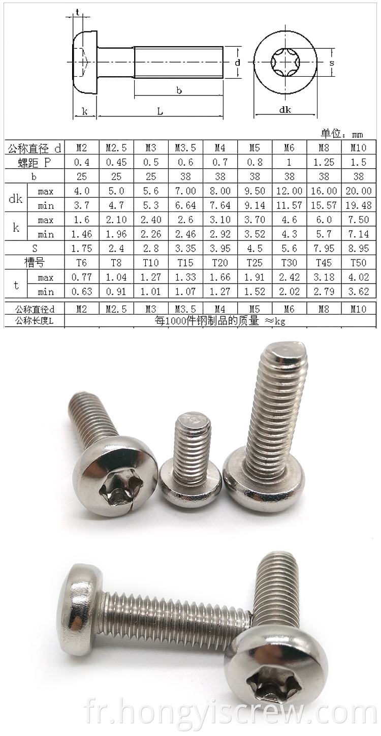 Chine en gros en gros en béton de meubles en acier inoxydable boulon de machine M1 M6 M9 # 8 10 * 2 Pan à la tête anti-Theft Sécurité Torx Vis